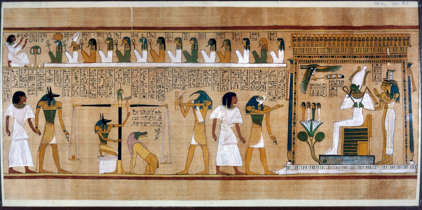 Figure 6-5: This nar- rative scene from the Book of the Dead illus- trates the weighing-of-the-heart ritual, the Egyptian version of the Last Judgment.